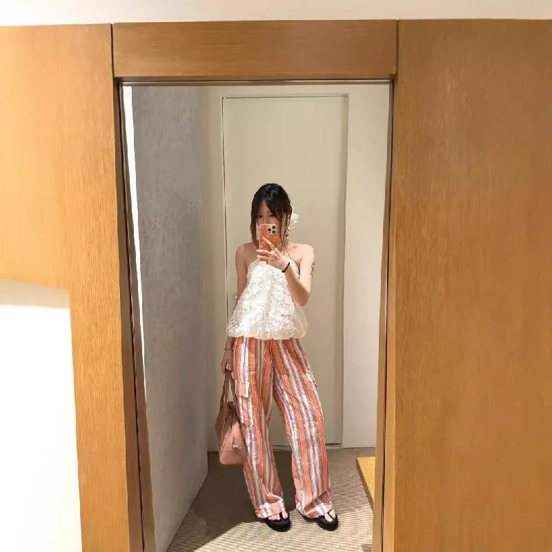 Wjczt teacher outfits Elegant Casual Striped Pants Women's Summer Thin High Waist Draping Casual Straight Loose Wide Leg Pants Trendy Formal Wide-Leg Pants