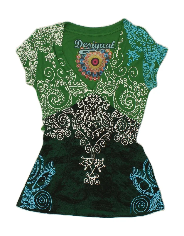 DESIGUAL Womens Blouse Top UK 12 Medium Green Paisley Cotton Peter Pan Collar Blouse