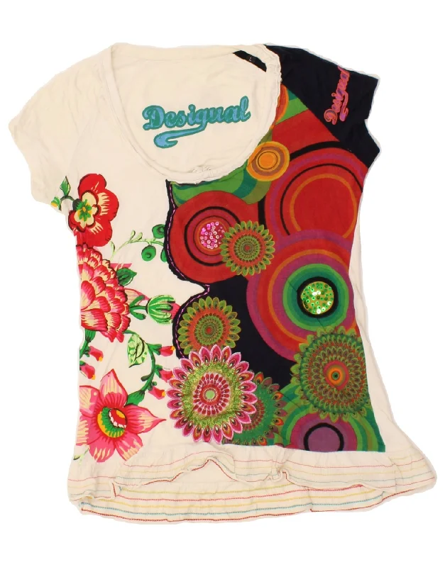 DESIGUAL Womens Graphic Blouse Top UK 14 Large Multicoloured Floral Ruffled Neck Blouse