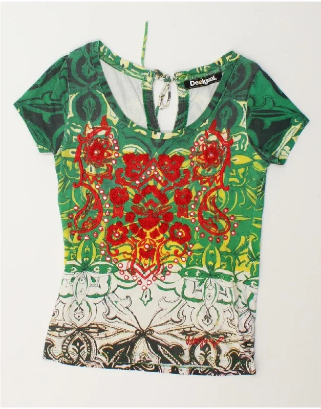 DESIGUAL Womens Graphic Blouse Top UK 12 Medium Green Colourblock Cotton Mandarin Collar Blouse