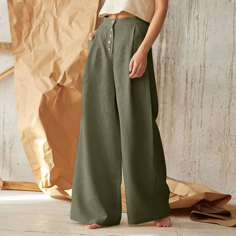 Wjczt teacher outfits Women's Solid Color High Waist Casual Button Cotton Linen Wide Leg Pants Modern Bootcut Pants