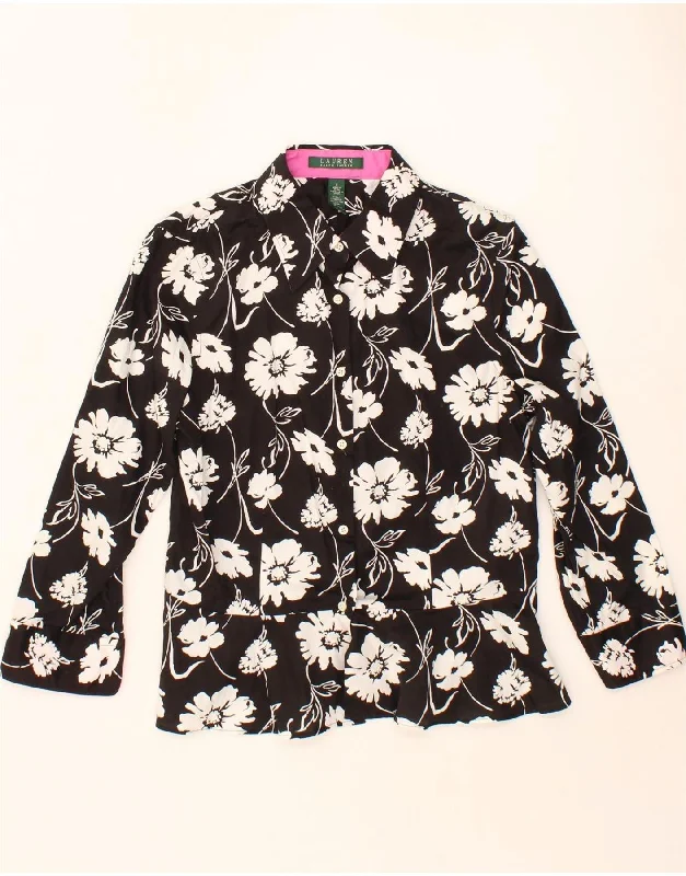 RALPH LAUREN Womens 3/4 Sleeve Shirt Blouse US 8 Medium Black Floral Polished Work Blouse