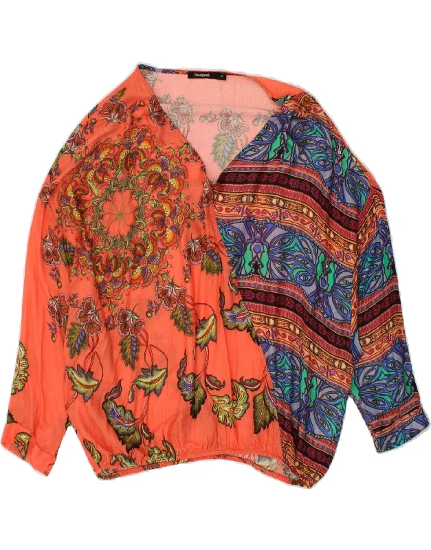 DESIGUAL Womens 3/4 Sleeve Blouse Top UK 14 Medium Orange Floral Viscose Backless Summer Blouse