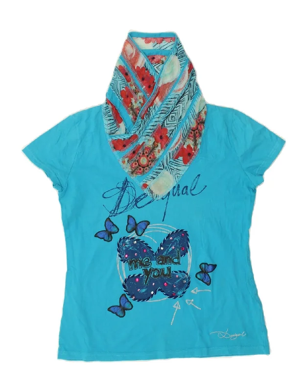 DESIGUAL Womens Graphic Drop Neck Blouse Top UK 14 Large Blue Butterfly Short Sleeve Blouse