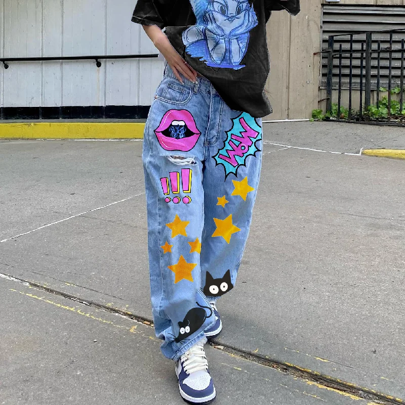 Women'S Fashion Casual Cartoon Printing Loose Denim Pants Cozy Full-Length Pants