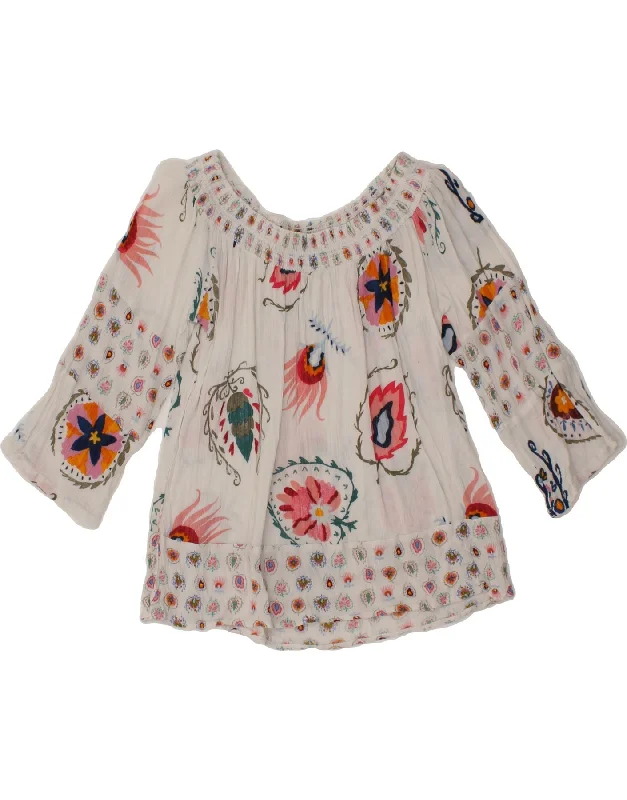 DESIGUAL Womens Abstract Pattern 3/4 Sleeve Blouse Top UK 10 Small White Pastel Color Blouse