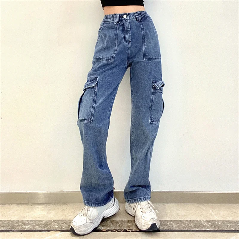 Women'S Fashion Casual Pocket Elastic Waist Denim Pants Fashionable Jogger Pants
