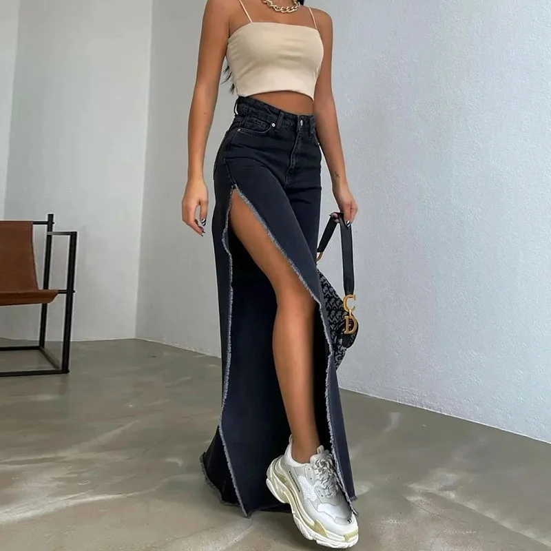 Women Fashion Sexy Edgy Slit Denim Pants Comfortable Fleece Pants