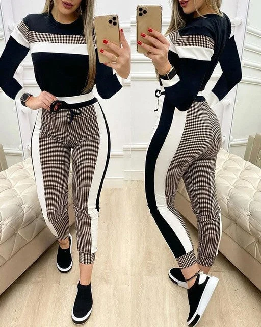 Fashion Women Sets Short Sleeve Tops High Waist Pant Modern Stretch Trousers
