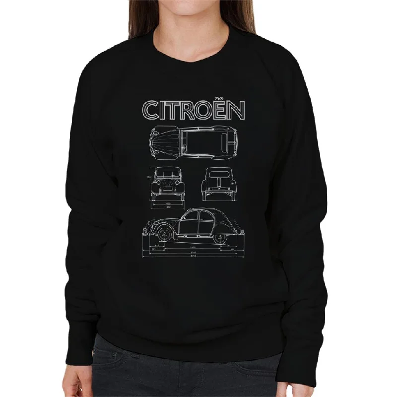 Citroën 2CV White Diagram Views Women's Sweatshirt Hoodie with Monochrome Minimalist Simple