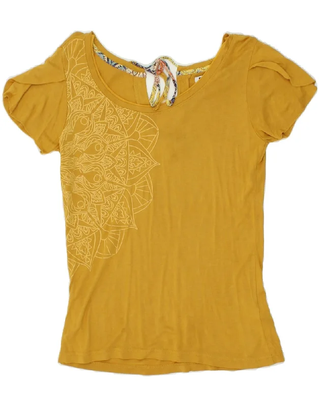 DESIGUAL Womens Graphic Blouse Top UK 10 Small Yellow Viscose Casual Relaxed Fit Blouse