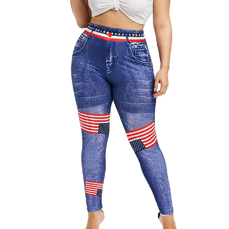 American Flag Print High Waist Elastic Waist 3D Plus Size Skinny Pants Fashionable Work Pants