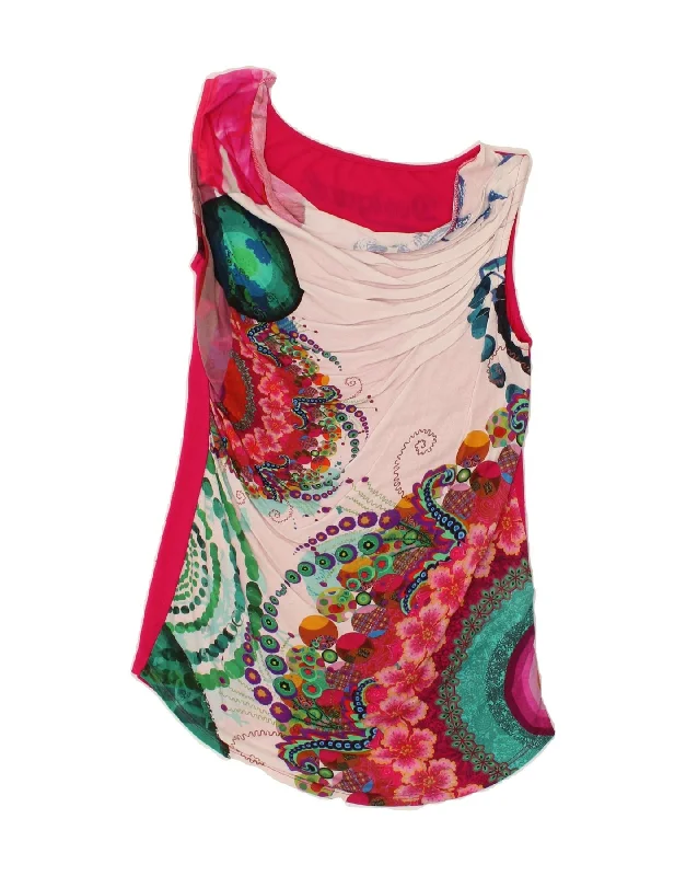 DESIGUAL Womens Graphic Sleeveless Blouse Top UK 14 Large Pink Floral Versatile Layering Blouse