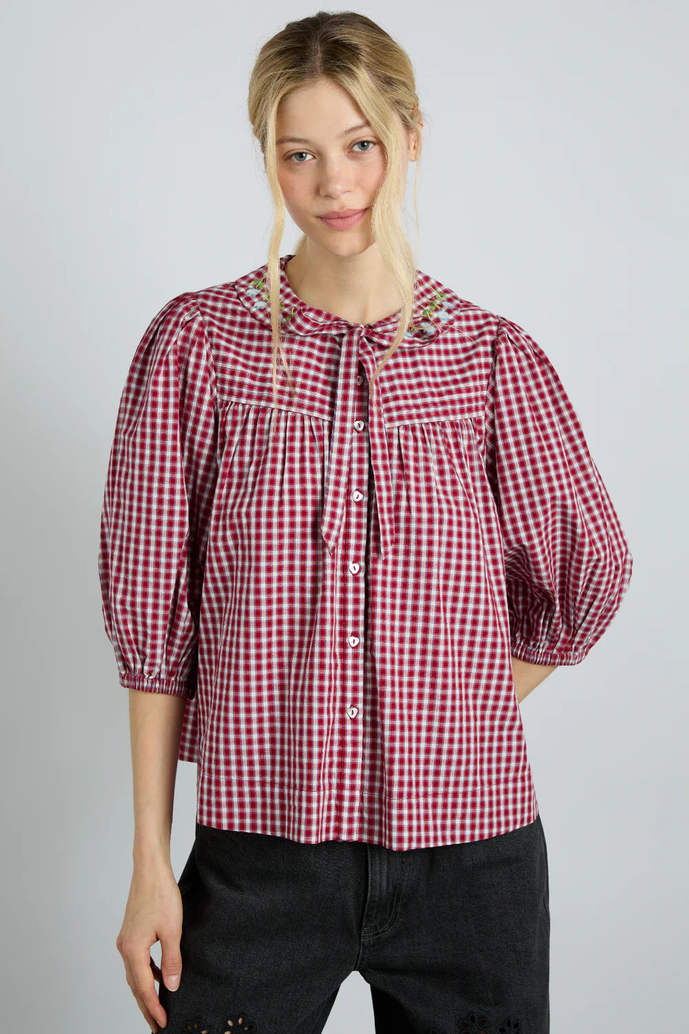 Mila Blouse - Red Cherry Gingham Embroidered Floral Blouse