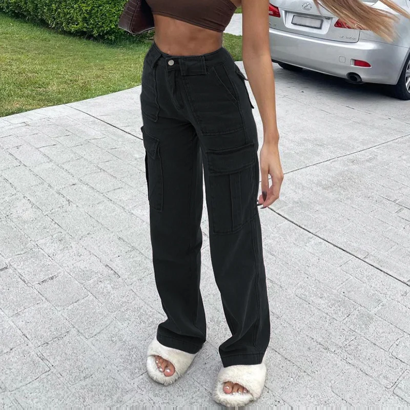 Women Fashion Casual Solid Color Pocket Straight Denim Pants Cozy Maternity Pants
