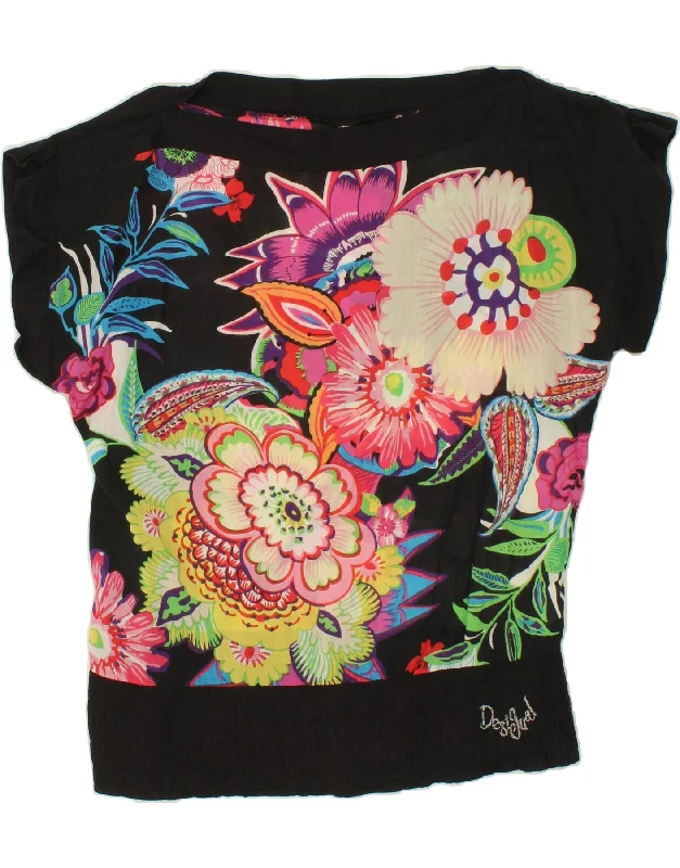 DESIGUAL Womens Graphic Blouse Top UK 16 Large Black Floral Cotton Elegant Peplum Blouse