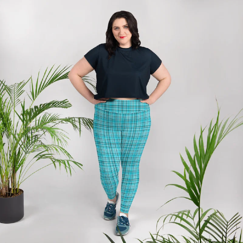 Blue Plaid Print Long Tights, Best Crystal Blue British Plaid Print Women's High Waist Elastic Long Yoga Pants Sleek Black Pants