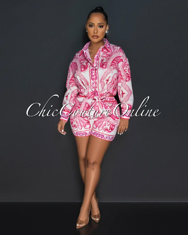 Calora White Pink Print Blouse & Shorts Set Office Formal Blouse