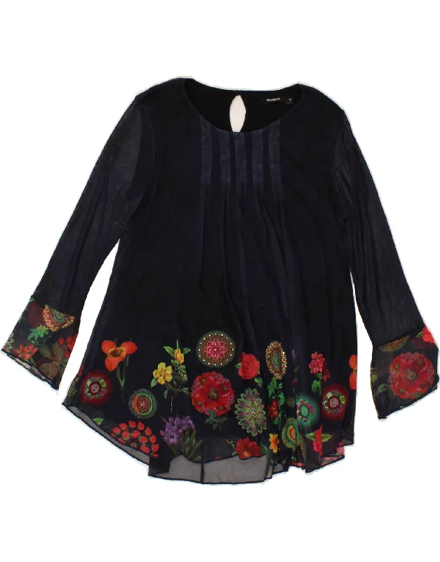 DESIGUAL Womens See Through Blouse Top UK 12 Medium Navy Blue Floral Wrap Front Blouse