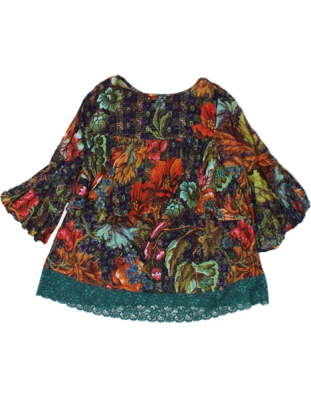 DESIGUAL Womens 3/4 Sleeve Blouse Top UK 14 Large Multicoloured Floral Sleeveless Chiffon Blouse