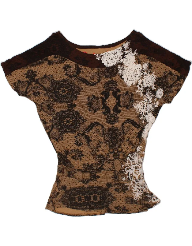 DESIGUAL Womens Blouse Top UK 14 Medium Brown Paisley Satin Bow Blouse