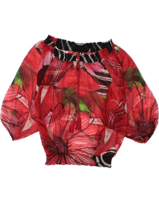 DESIGUAL Womens Batwing See Through Blouse Top UK 6 XS Red Floral Peter Pan Blouse