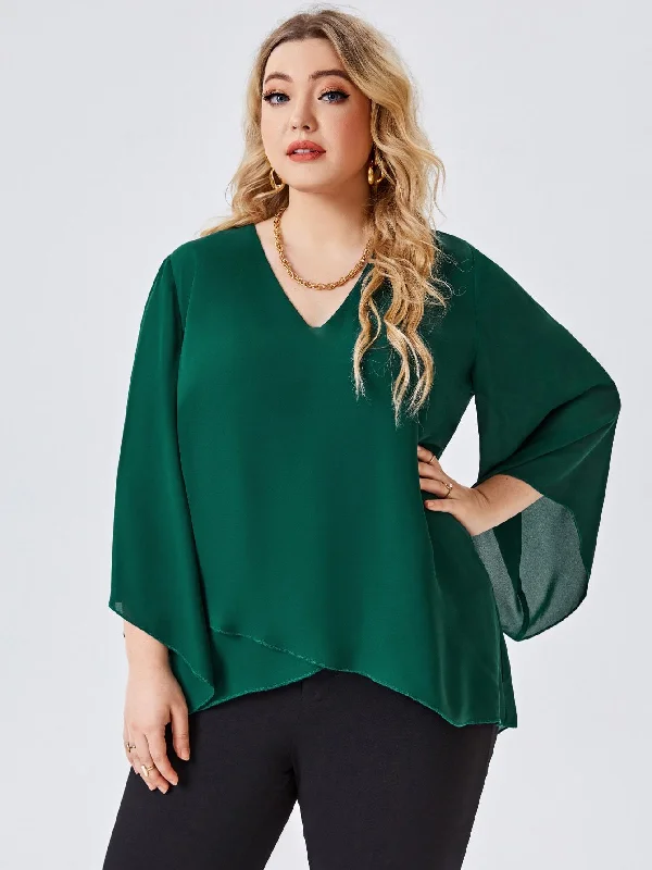 Shein - Plus V-Neck Trumpet Sleeve Blouse Double Button Blouse