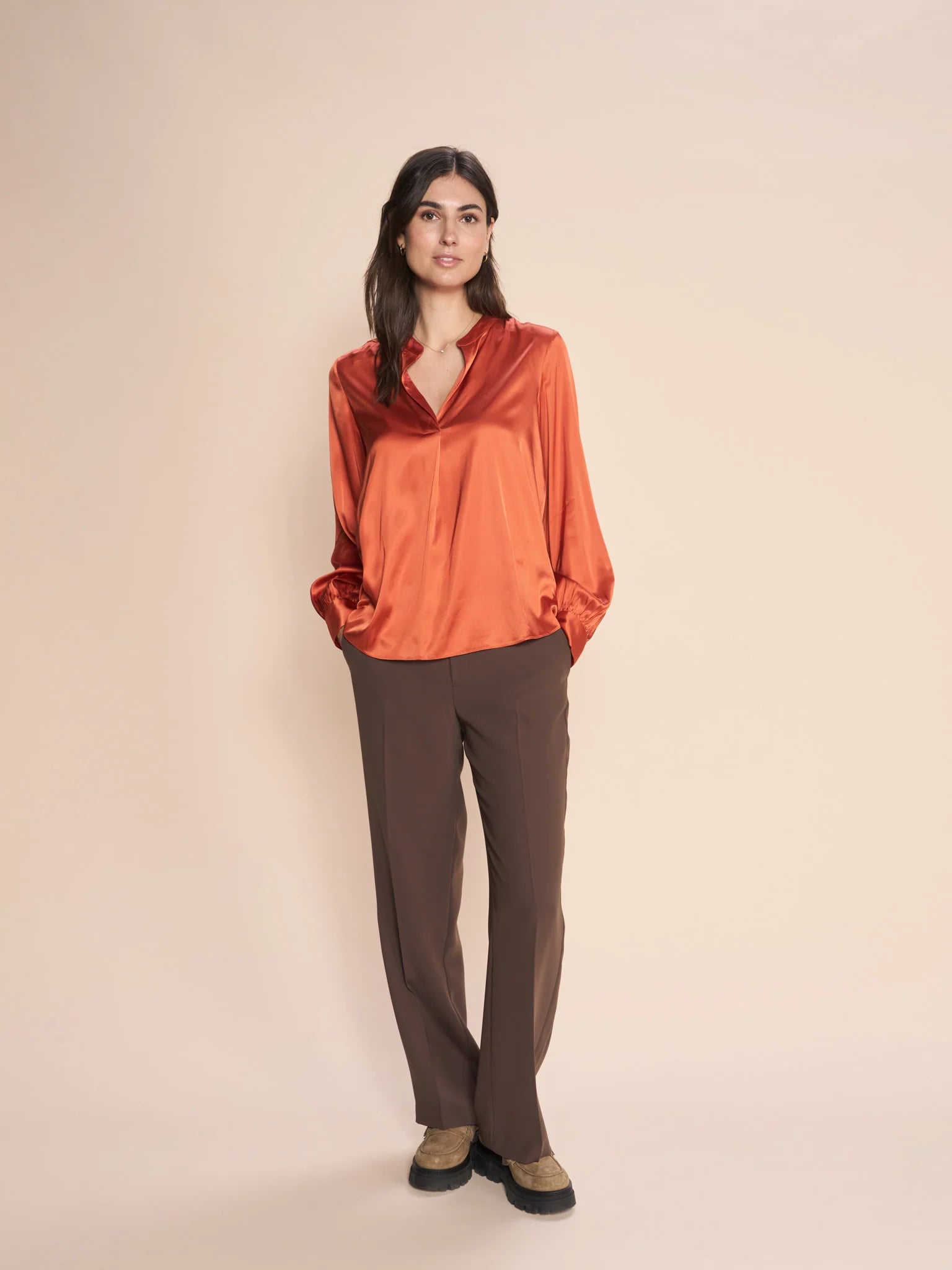 Mos Mosh Enfa Satin Blouse-Burnt Ochre-155980 Side Tie Blouse