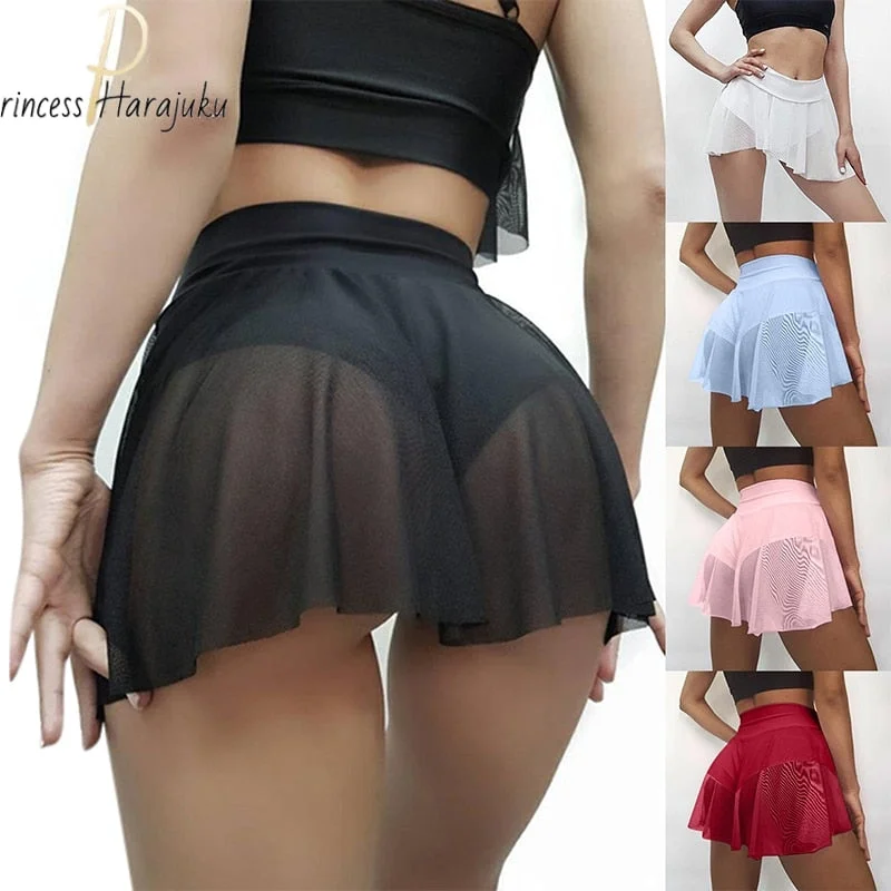Summer Shorts Women Fitness Sexy Veil Skirt Girls Gym Short Dance Skirt Shorts Solid Color Pantskirt Anti-emptied Shorts 2021 Relaxed Casual Leggings