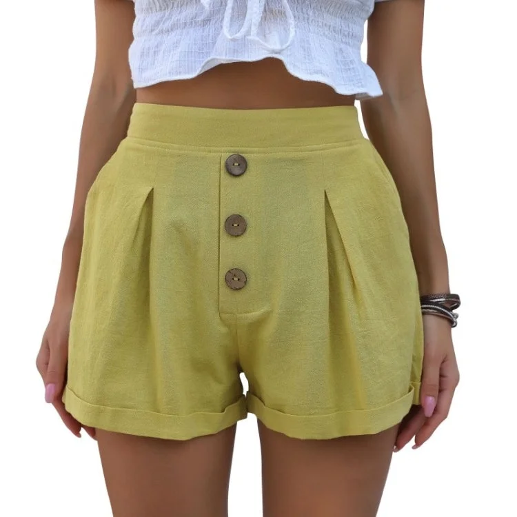 Cotton Linen Shorts Solid Color Casual Wide-leg Pants (Color:Yellow Size:L) Formal Slim Pants