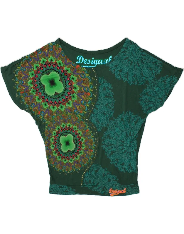 DESIGUAL Womens Batwing Blouse Top UK 14 Medium Green Floral Viscose Puff Sleeve Blouse