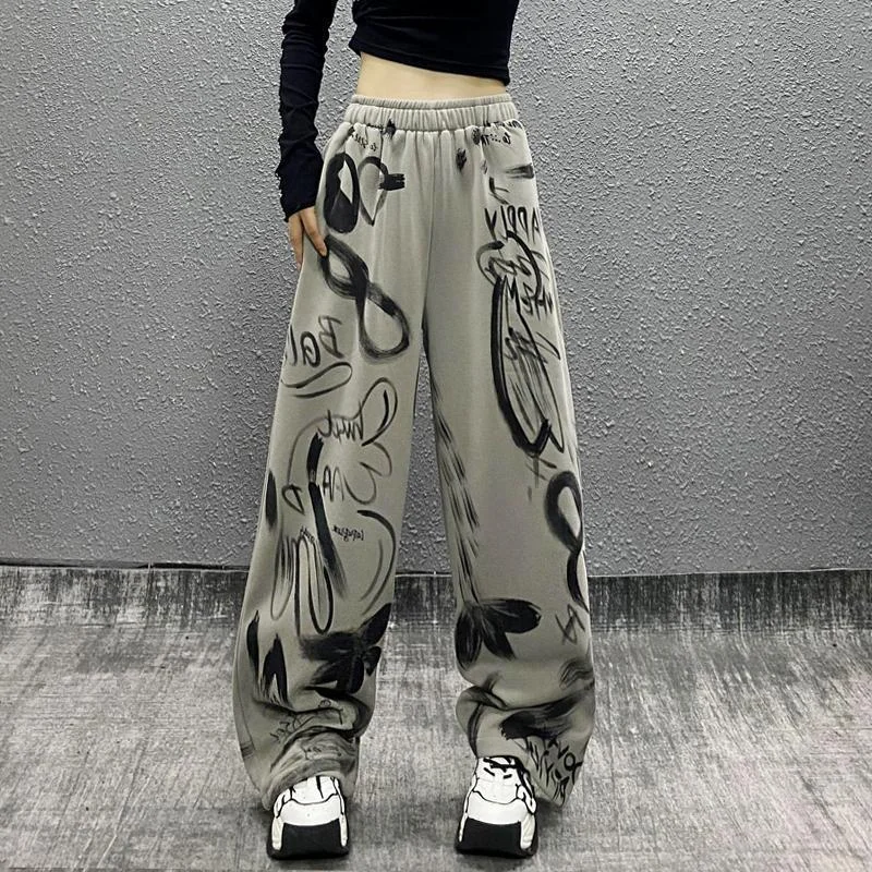 Wjczt outfits Printing Loose All-Match Sports Casual Pants for Women Spring New Western Style High Waist Slimming Straight Wide Leg Pants Elegant Trouser Pants