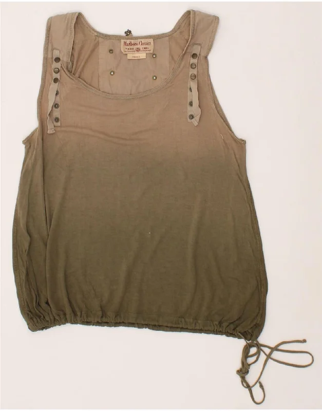 MARLBORO CLASSICS Womens Sleeveless Blouse Top UK 10 Small Khaki Tie Dye Asymmetric Hem Blouse