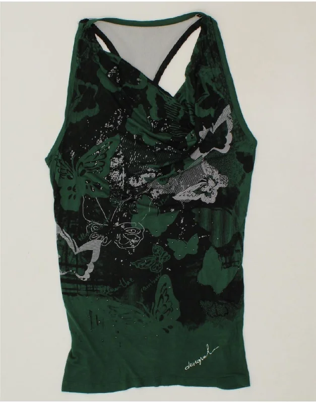 DESIGUAL Womens Rainbow Sleeveless Blouse Top UK 10 Small Green Butterfly Smart Business Blouse