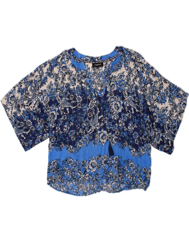 DESIGUAL Womens Oversized Blouse Top UK 18 XL Blue Floral Embroidered Cotton Blouse