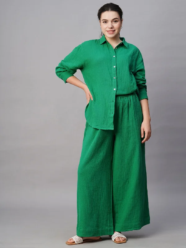 Women's Green Cotton Regular Fit Pant Comfy High-Waist Jeans