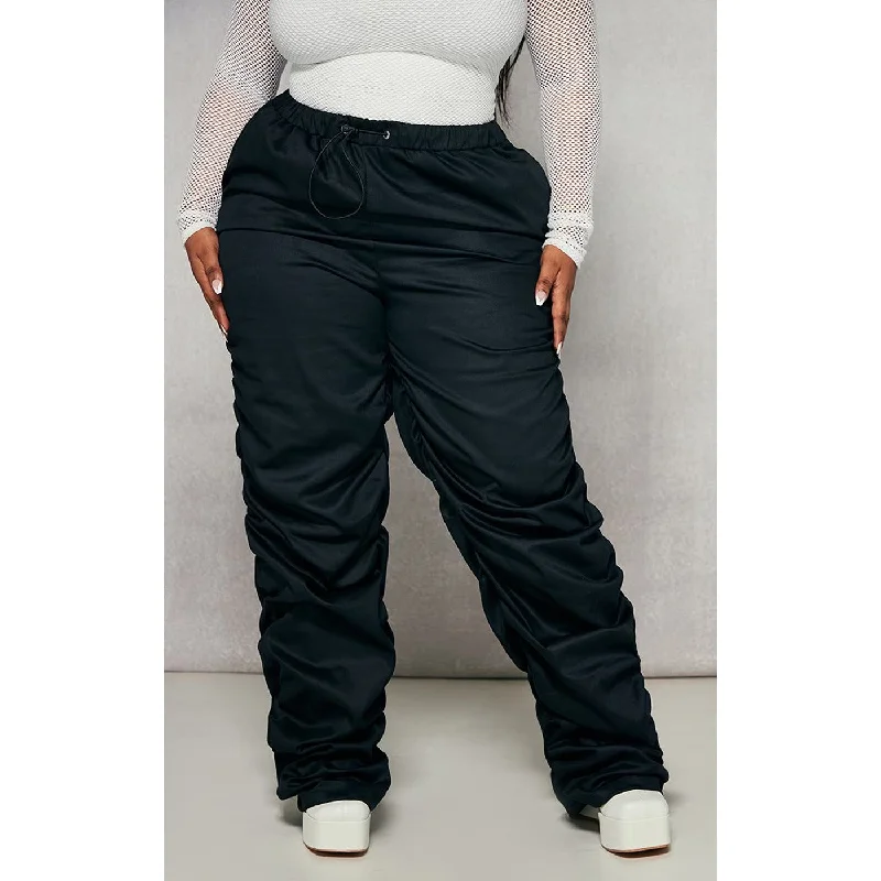Black Twill Ruched Detail Pants Comfy Cargo Trousers