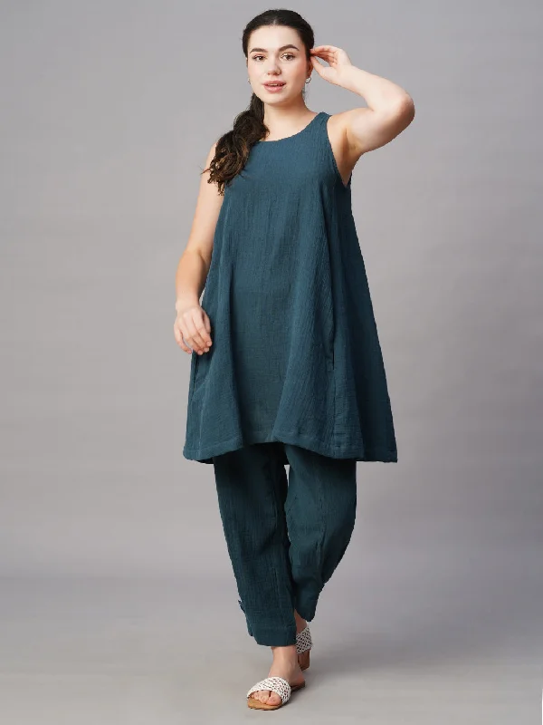Women's Blue Cotton Regular Fit Pant Classic Pleated Pants