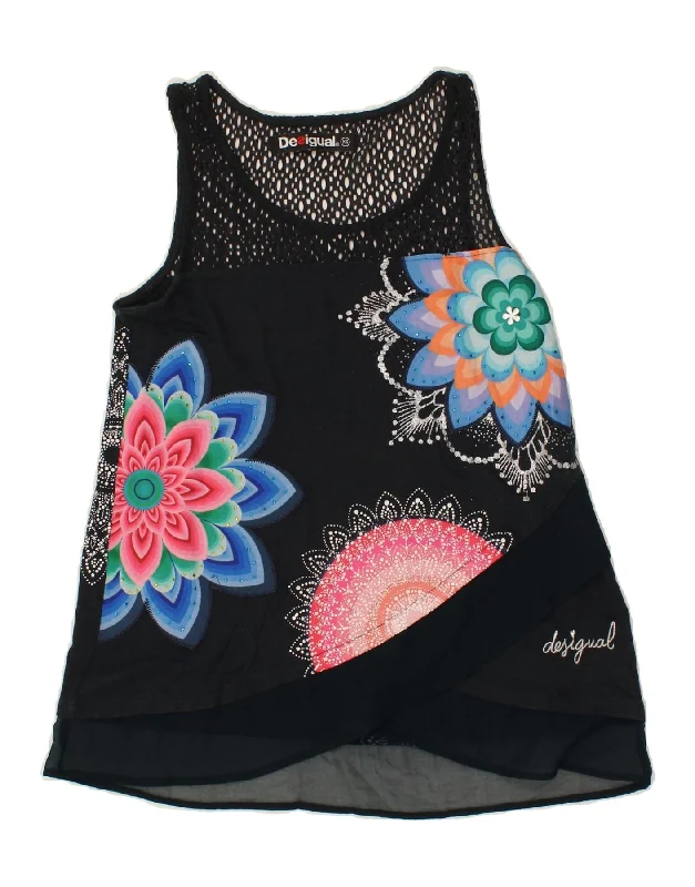 DESIGUAL Womens Sleeveless Blouse Top UK 6 XS Black Floral Casual Button Blouse