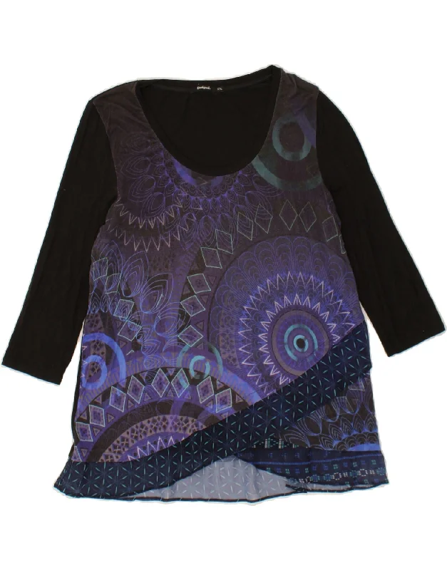 DESIGUAL Womens Graphic 3/4 Sleeve Blouse Top UK 20 2XL Black Geometric Relaxed Fit Blouse