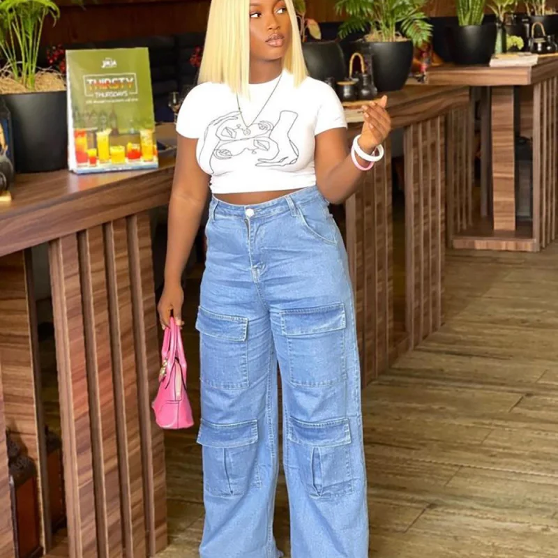 Women Fashion Casual Large Pocket High Waist Denim Pants Comfortable Pleated Pants