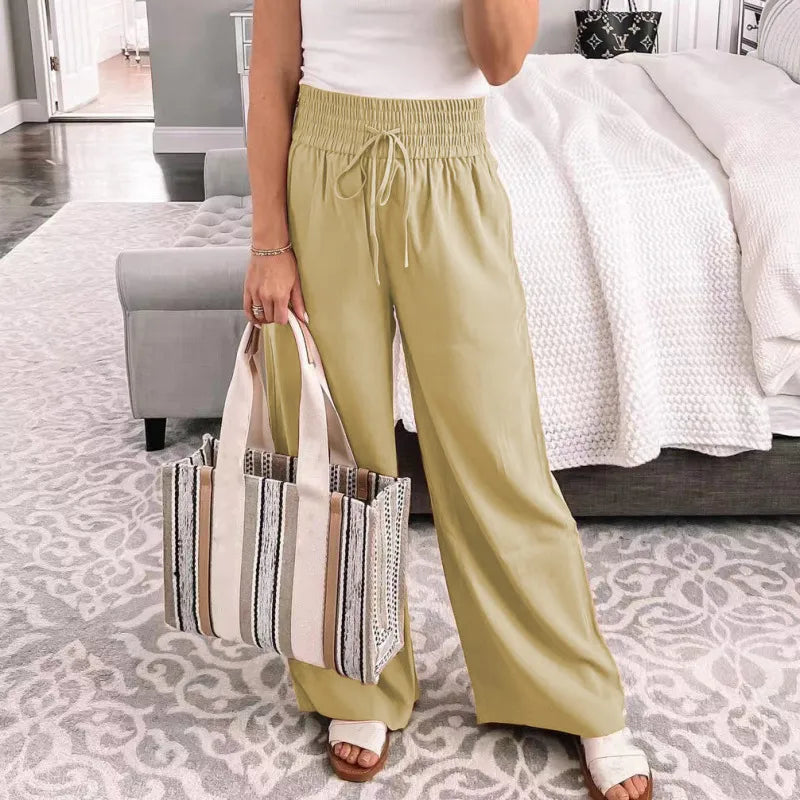 Women Casual Solid Color Lace Up Straight Wide-Leg Pants Classic Pleated Pants