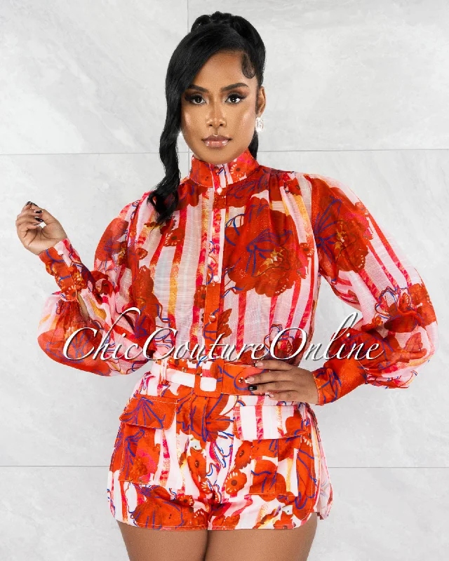 Oyama Orange Print Sheer Blouse & Mini Belted Shorts Set Pleated Collar Blouse