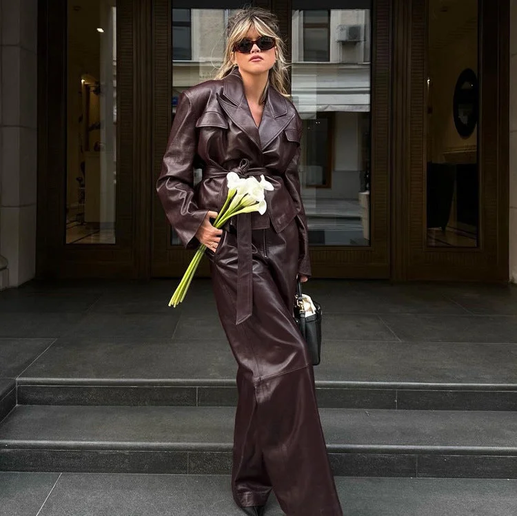 Wjczt fall 2024 fashion trends 2024 Spring and Autumn New Retro Green Fruit Collar with Belt Leather Coat High Waist Leather Pants Fashion Suit Women Fashionable Track Pants