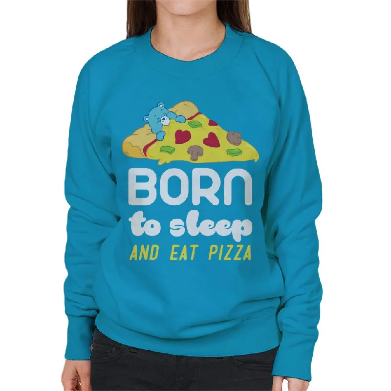 Care Bears Bedtime Bear Born To Sleep And Eat Pizza White Text Women's Sweatshirt Hoodie with Monochrome Minimalist Simple