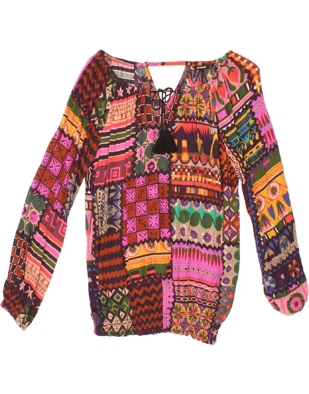 DESIGUAL Womens Long Sleeve Blouse Top UK 10 Small Multicoloured Patchwork Semi-Sheer Blouse