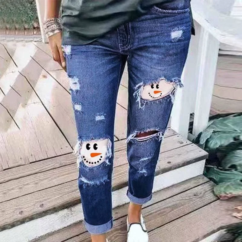 Women'S Fashion Ripped Cartoon Printing Stitching Denim Pants Trendy Palazzo Pants