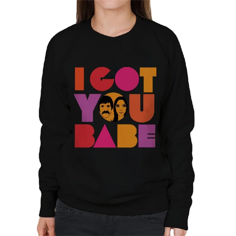 Sonny & Cher Headshot I Got You Babe Women's Sweatshirt Hoodie with Mock Neck Collared Structured