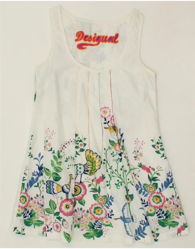 DESIGUAL Womens Sleeveless Blouse Top UK 10 Small White Floral Off-Shoulder Wrap Blouse