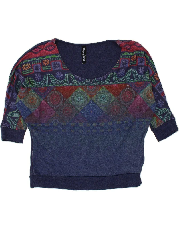 DESIGUAL Womens 1/2 Sleeve Blouse Top UK 14 Medium Navy Blue Floral Textured Cotton Blouse